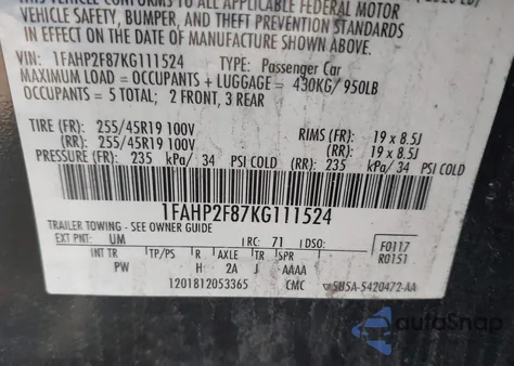 2019 Ford Taurus Limited из США, поврежденный, VIN 1FAHP2F87KG111524